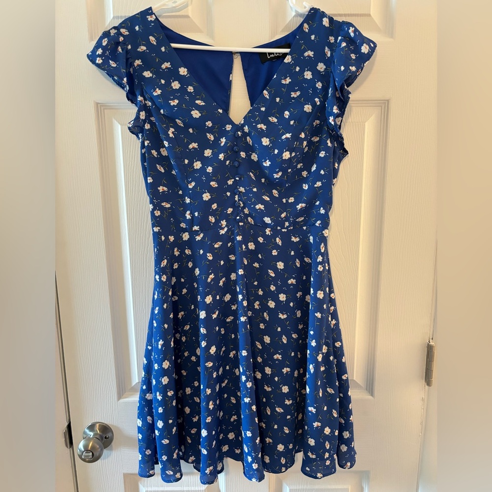 Lulus Skater dress, Blue With White Flowers, no size tag-measurements below